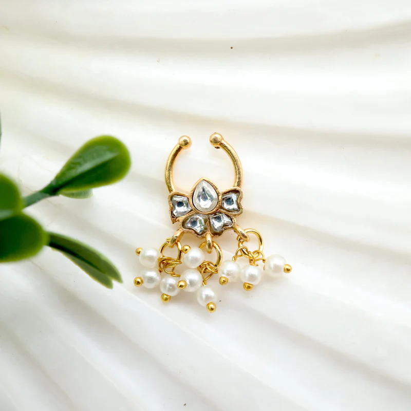 Antique Gold Half Flower Septum Nose Ring - White